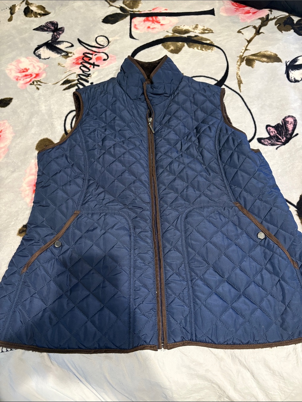 Navy Vest with Brown Trim